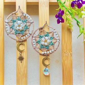 Handmade Beige & Green Woven Petal Center Beaded Moon Charm Metal Hoop Earrings